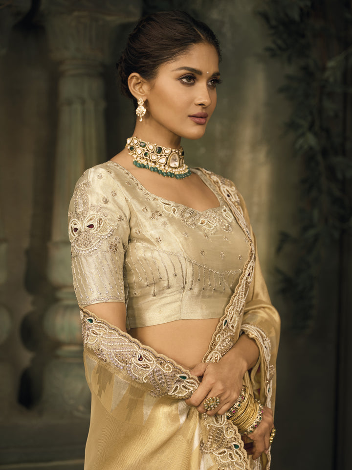 Classic Beige Gold Silk Saree with Elegant Embroidery Border