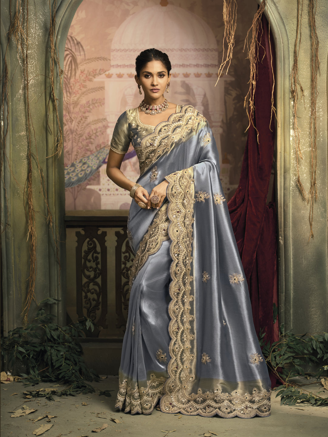 Elegant Steel Grey Silk Saree with Heavy Embroidered Border
