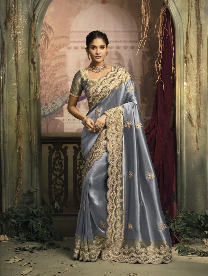 Elegant Steel Grey Silk Saree with Heavy Embroidered Border