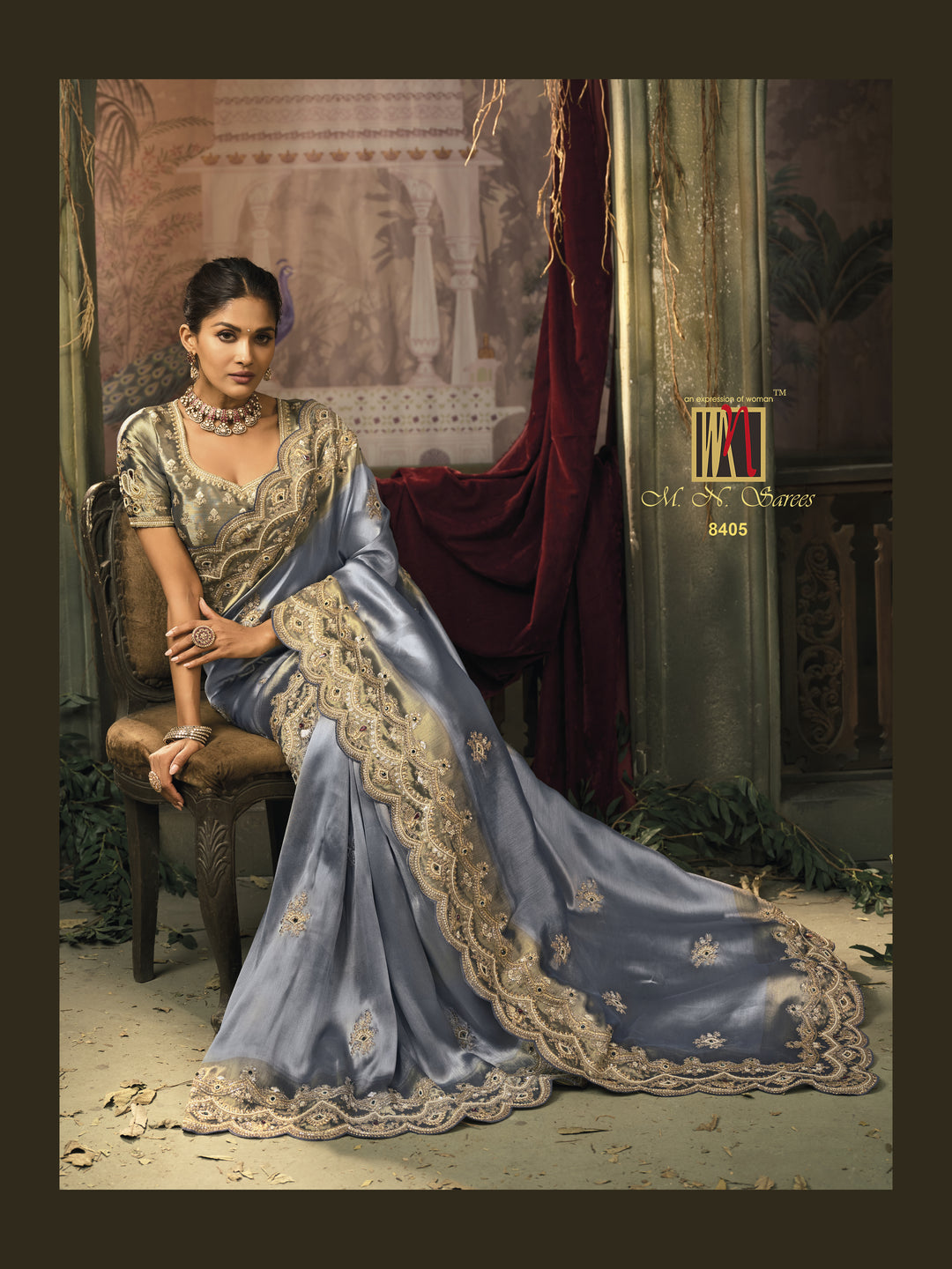Elegant Steel Grey Silk Saree with Heavy Embroidered Border