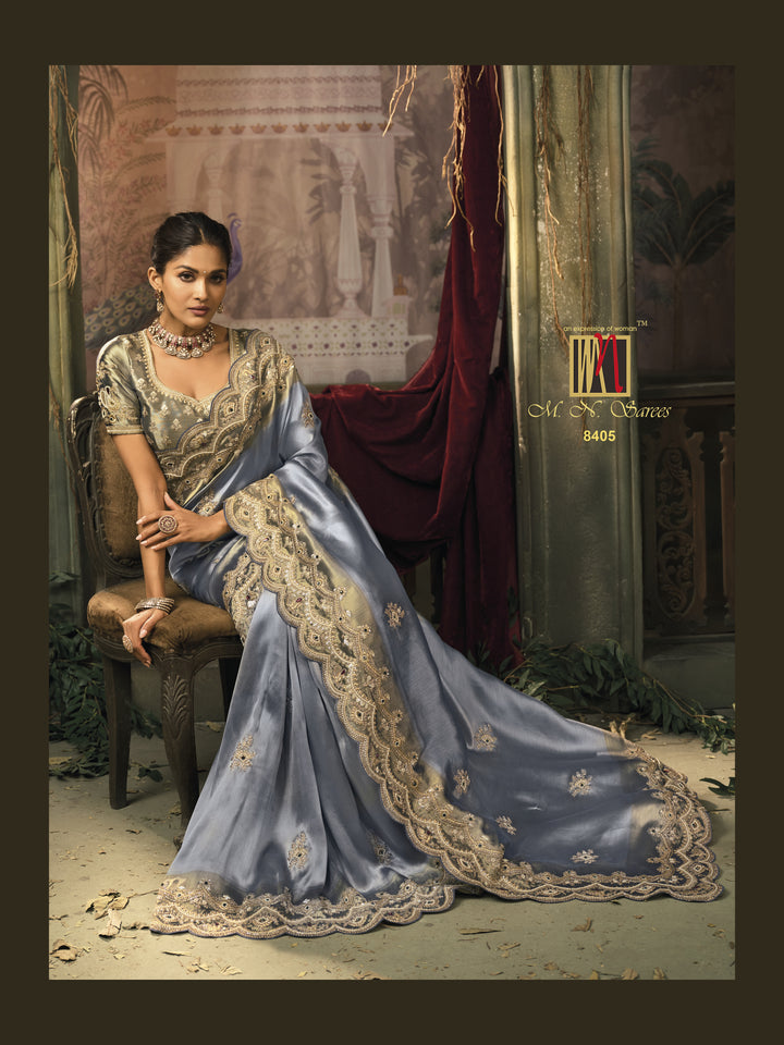 Elegant Steel Grey Silk Saree with Heavy Embroidered Border