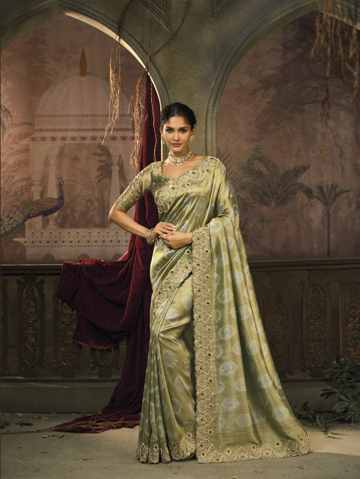 Elegant Sage Green Silk Saree with Embroidered Scalloped Border