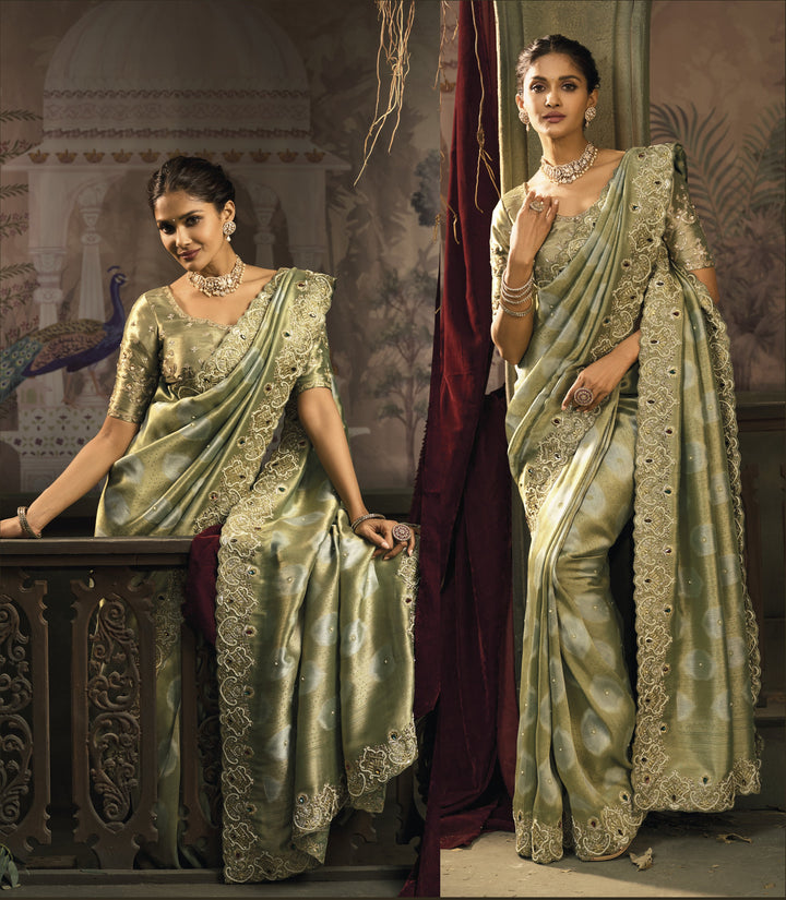 Elegant Sage Green Silk Saree with Embroidered Scalloped Border