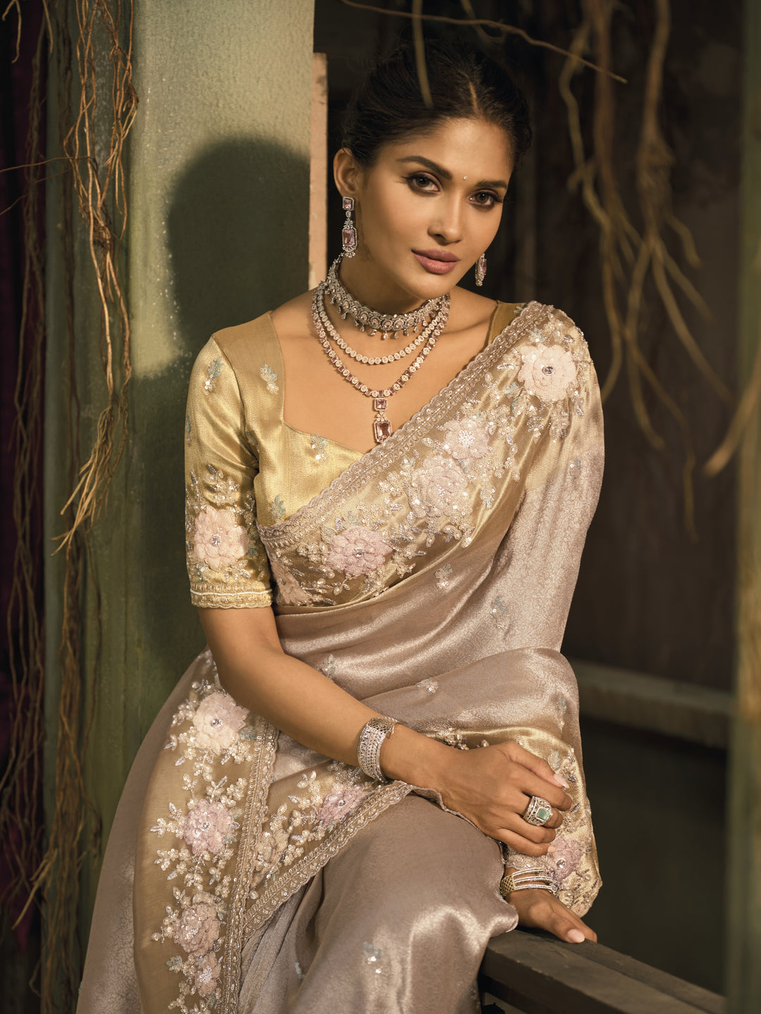 Luxury Champagne Gold Silk Saree with Floral Embroidered Border