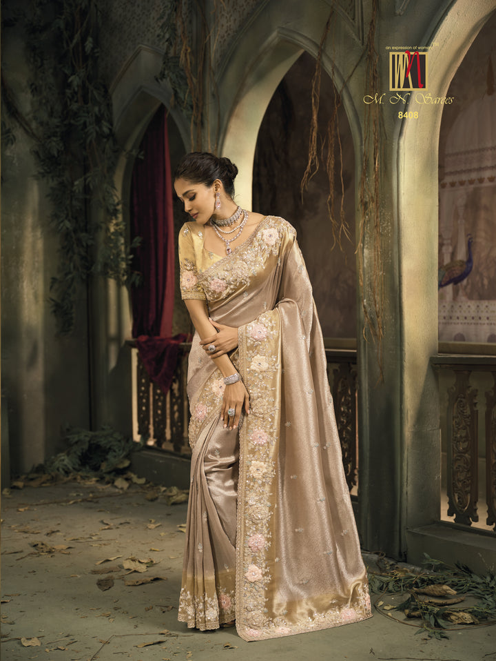 Luxury Champagne Gold Silk Saree with Floral Embroidered Border