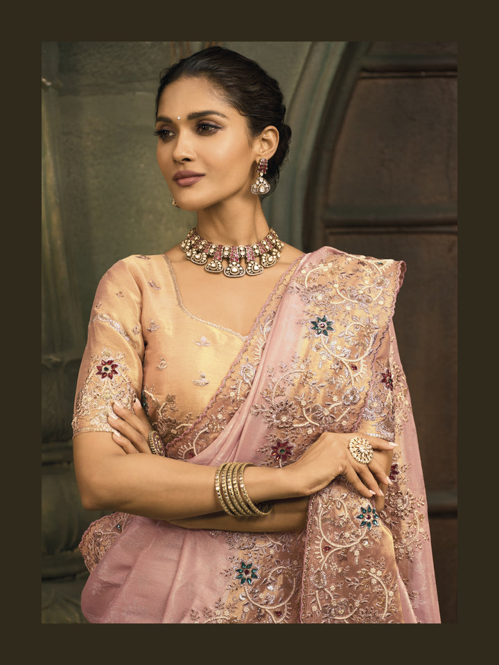 Elegant Blush Pink Silk Saree with Floral Embroidered Border