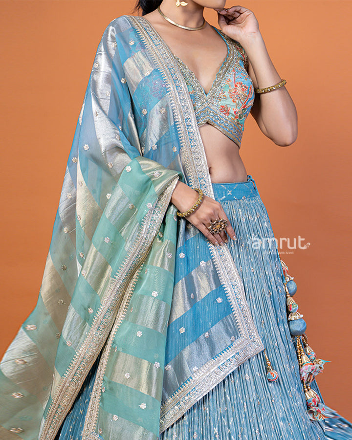 Light Teal-Blue Embroidered Lehenga Choli with Woven Dupatta and Silver-Gold Trim