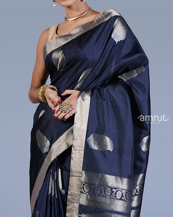 Navy Blue with Golden Zari Leaf Patterns and Geometric Motifs Saree with unstitched blouse