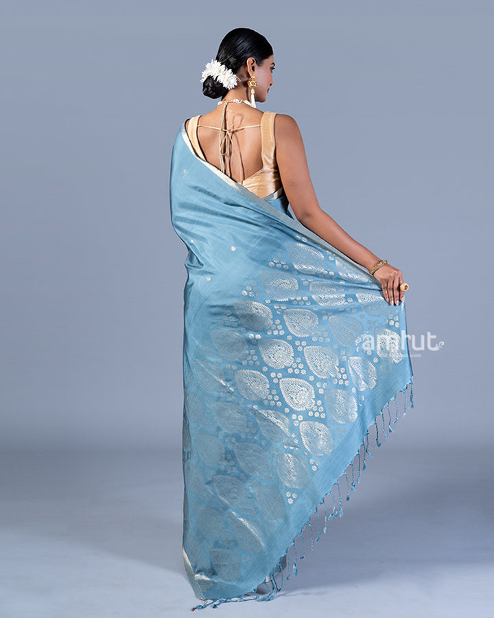 Light Teal Blue with Metallic Silver Floral Motif and Beige Borders Silk Saree with Unstitched Blouse