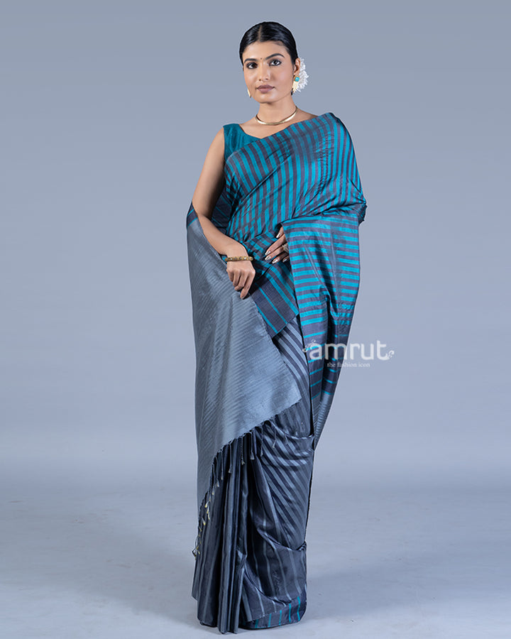 Gray Blue with Striped Saree with unstitched blouse