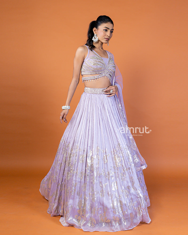 Light Lavender Sequin Embellished Lehenga Choli with Shrug-Style Dupatta