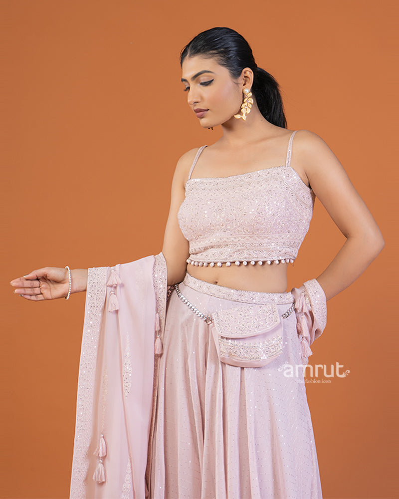 Pink Embellished Crop Top and Palazzo Set with Waistline Bag