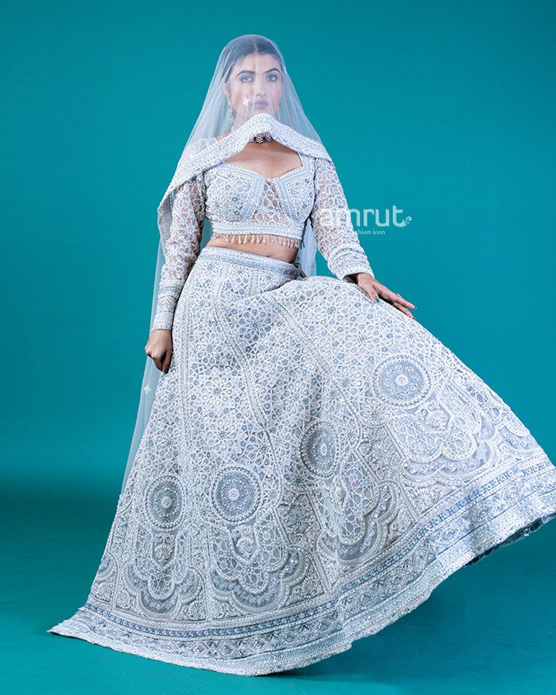 Embroidered Light Gray Lehenga Choli with Square Neckline and Sheer Dupatta