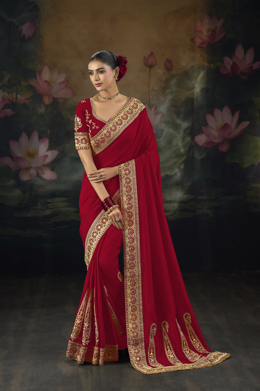 Elegant Saree with Rich Gold Embroidered Border & Designer Blouse