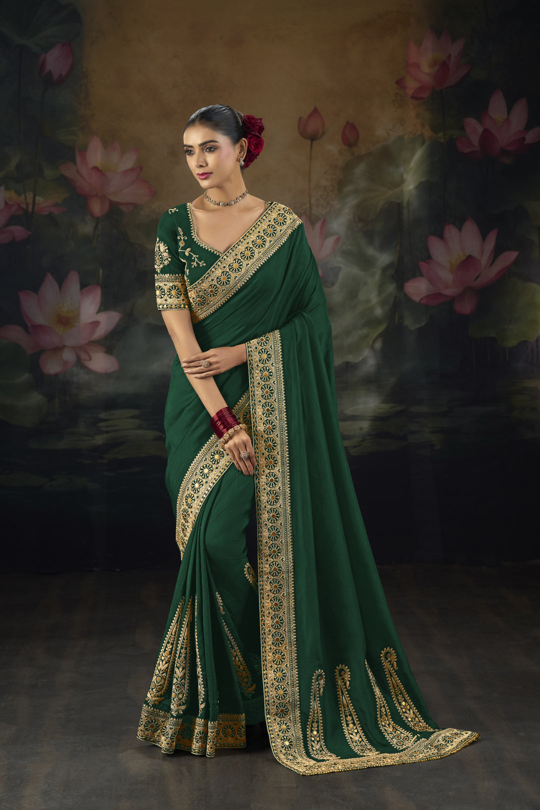 Elegant Saree with Rich Gold Embroidered Border & Designer Blouse