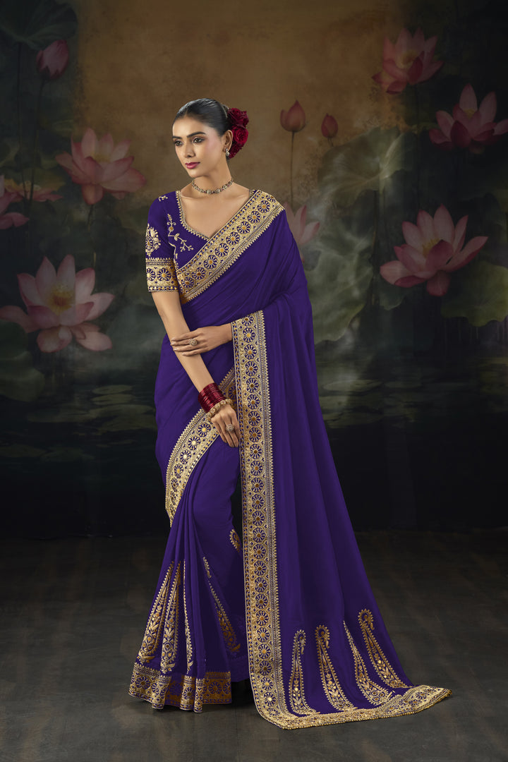 Elegant Saree with Rich Gold Embroidered Border & Designer Blouse