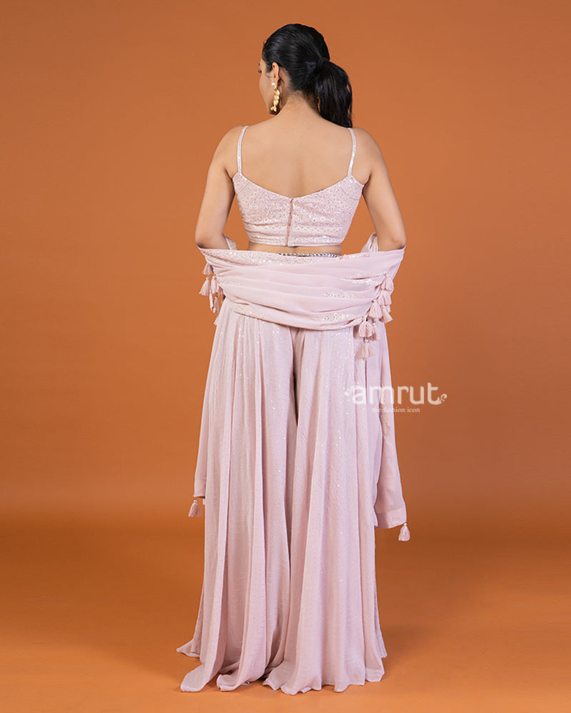 Pink Embellished Crop Top and Palazzo Set with Waistline Bag