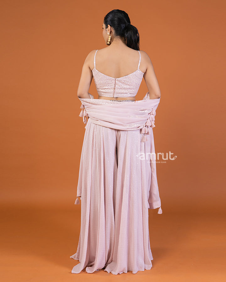 Pink Embellished Crop Top and Palazzo Set with Waistline Bag