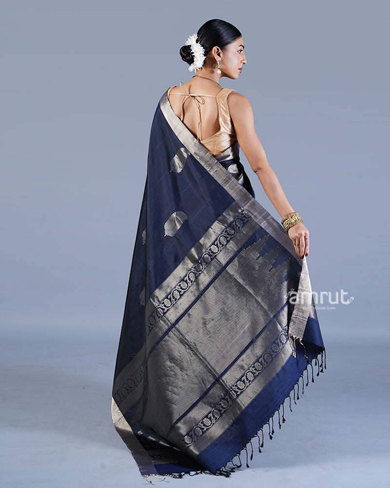 Navy Blue with Golden Zari Leaf Patterns and Geometric Motifs Saree with unstitched blouse