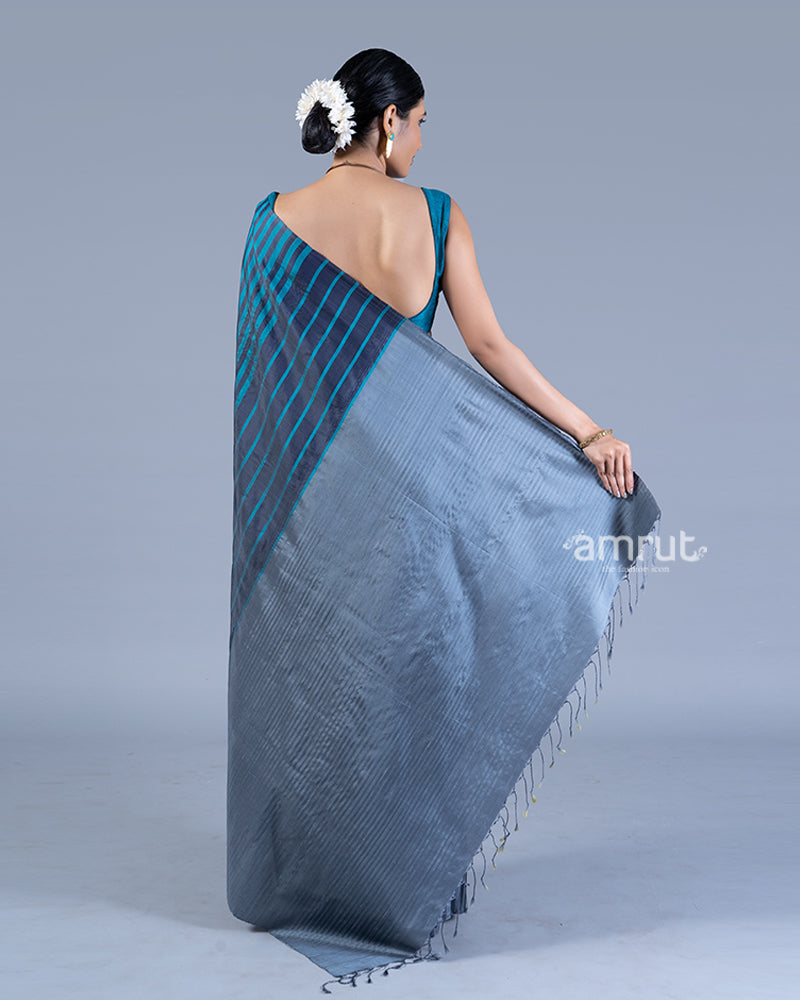 Gray Blue with Striped Saree with unstitched blouse