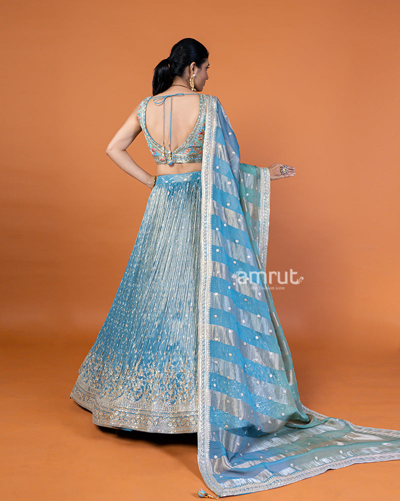 Light Teal-Blue Embroidered Lehenga Choli with Woven Dupatta and Silver-Gold Trim