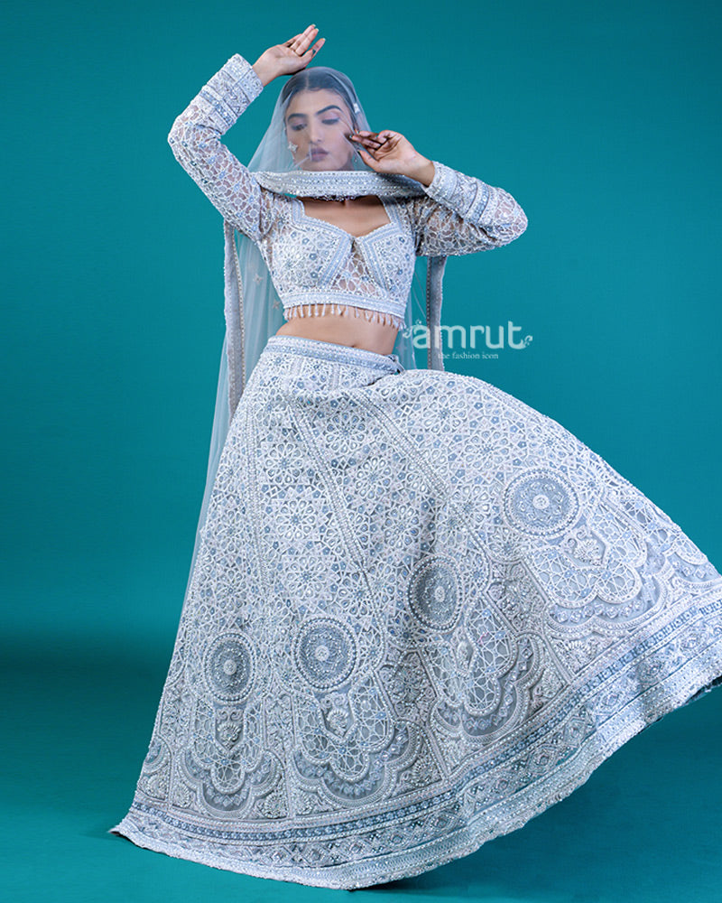 Embroidered Light Gray Lehenga Choli with Square Neckline and Sheer Dupatta