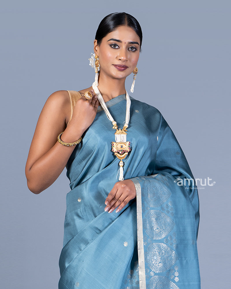 Light Teal Blue and Beige Borders Silk Saree with Unstitched Blouse