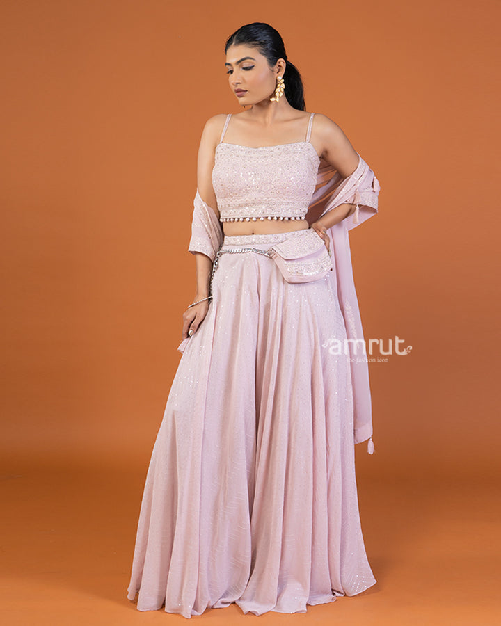 Pink Embellished Crop Top and Palazzo Set with Waistline Bag