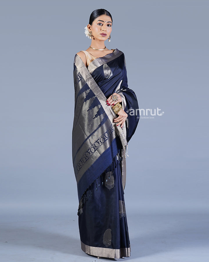 Navy Blue with Golden Zari Leaf Patterns and Geometric Motifs Saree with unstitched blouse