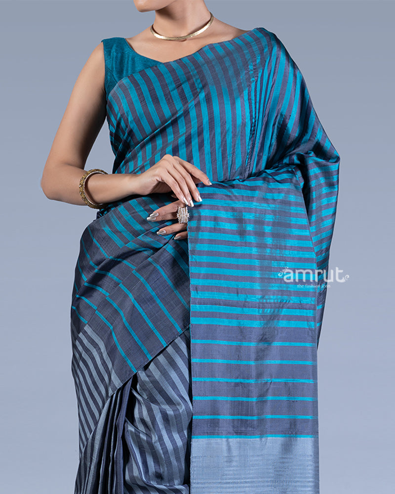 Gray Blue with Striped Saree with unstitched blouse