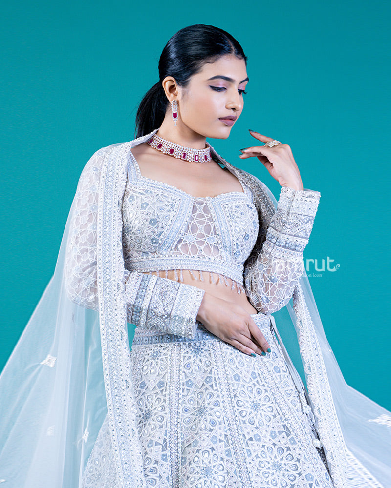 Embroidered Light Gray Lehenga Choli with Square Neckline and Sheer Dupatta