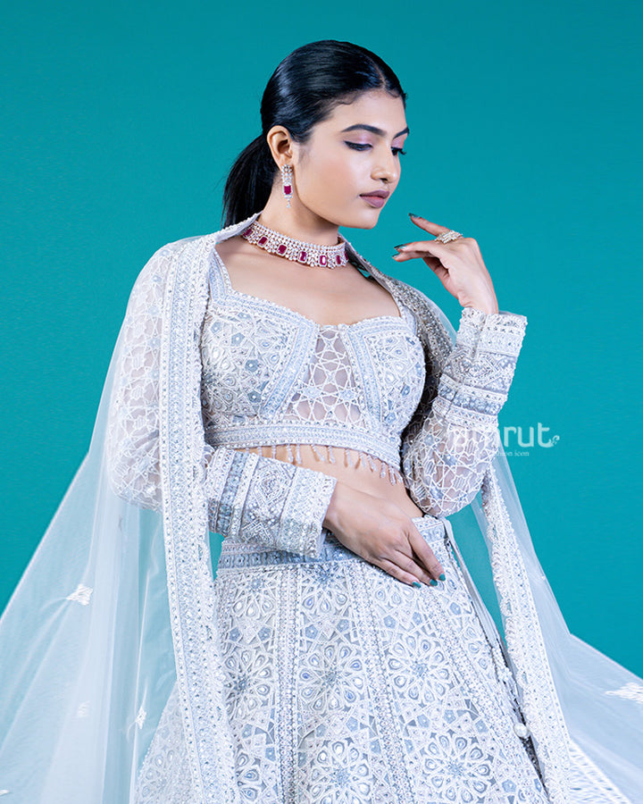 Embroidered Light Gray Lehenga Choli with Square Neckline and Sheer Dupatta