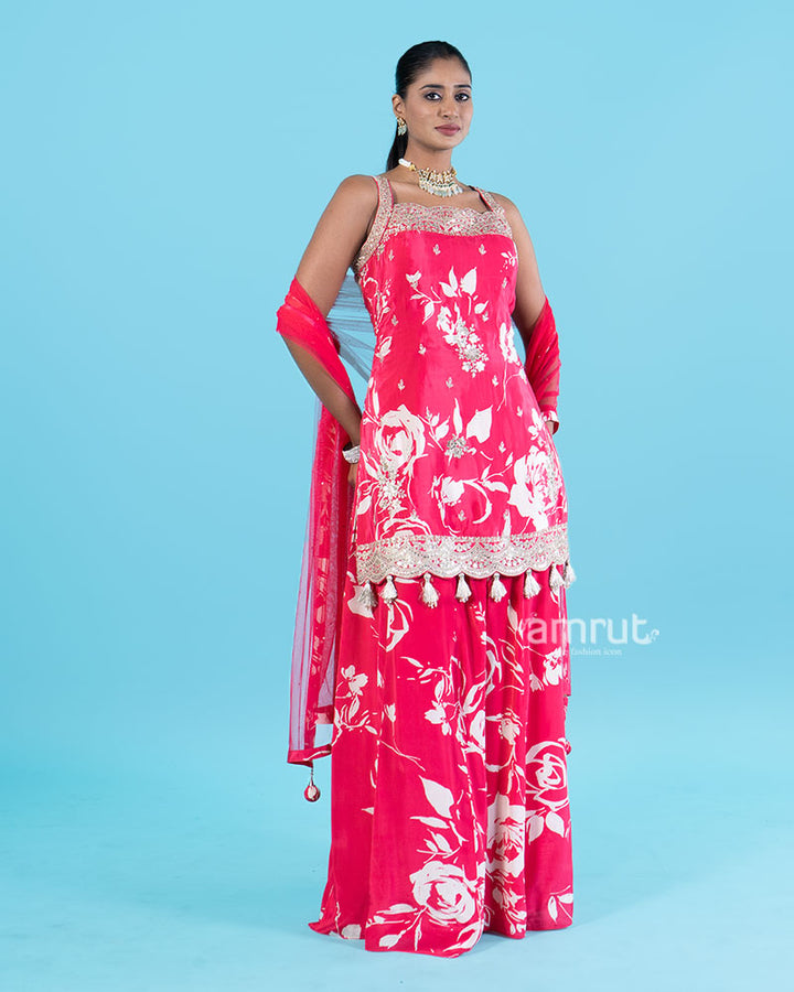 Hot Pink Floral Embroidered Salwar Kameez with Sheer Dupatta