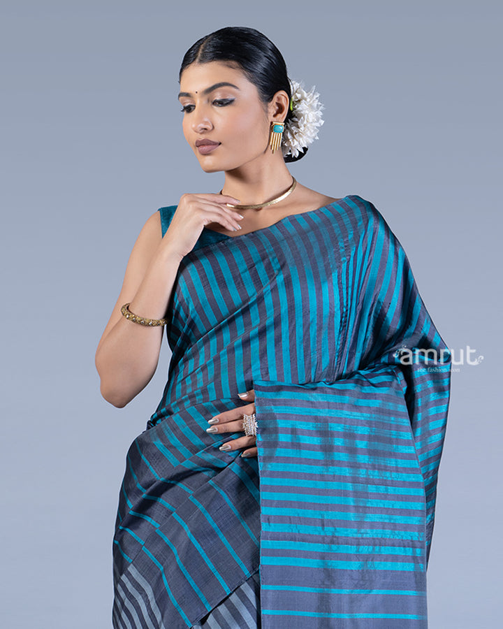 Gray Blue with Striped Saree with unstitched blouse