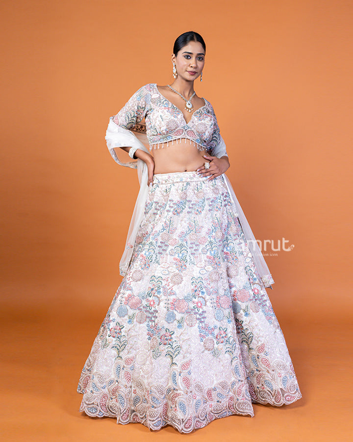 White Mirror Embroidered and Sequin Embellished Net Lehenga Choli