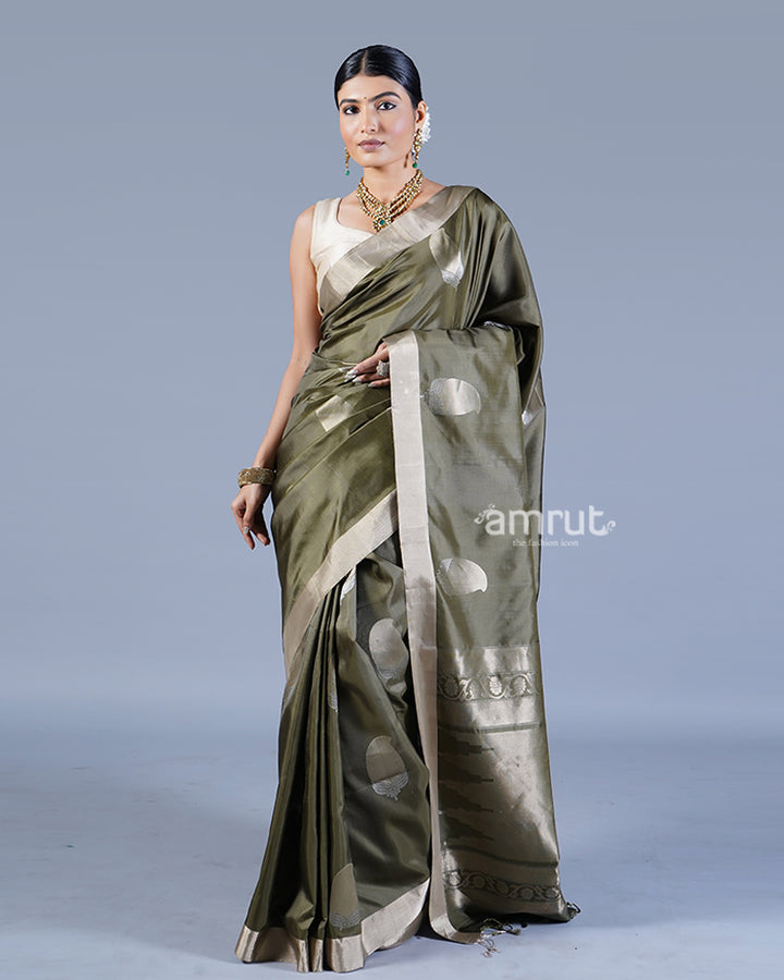 Mehendi Green with Golden Zari Leaf Patterns and Geometric Motifs Saree with unstitched blouse