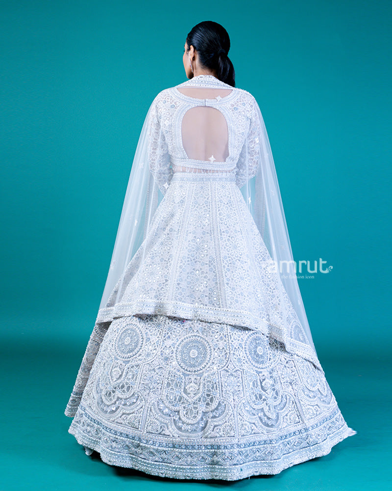 Embroidered Light Gray Lehenga Choli with Square Neckline and Sheer Dupatta