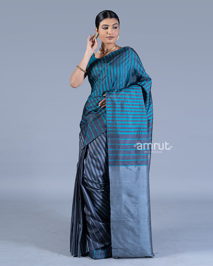 Gray Blue with Striped Saree with unstitched blouse