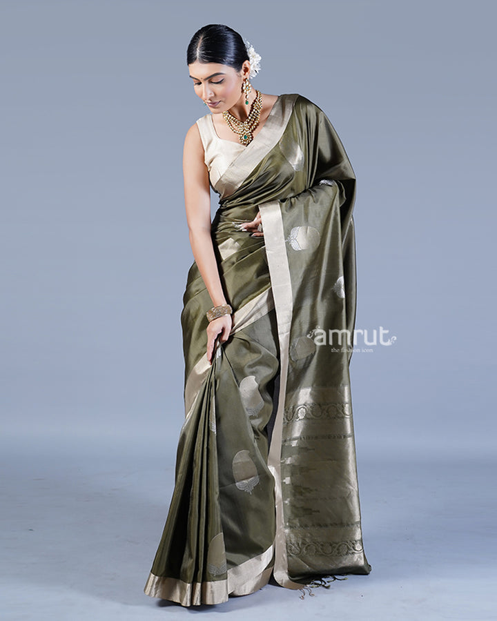 Mehendi Green with Golden Zari Leaf Patterns and Geometric Motifs Saree with unstitched blouse