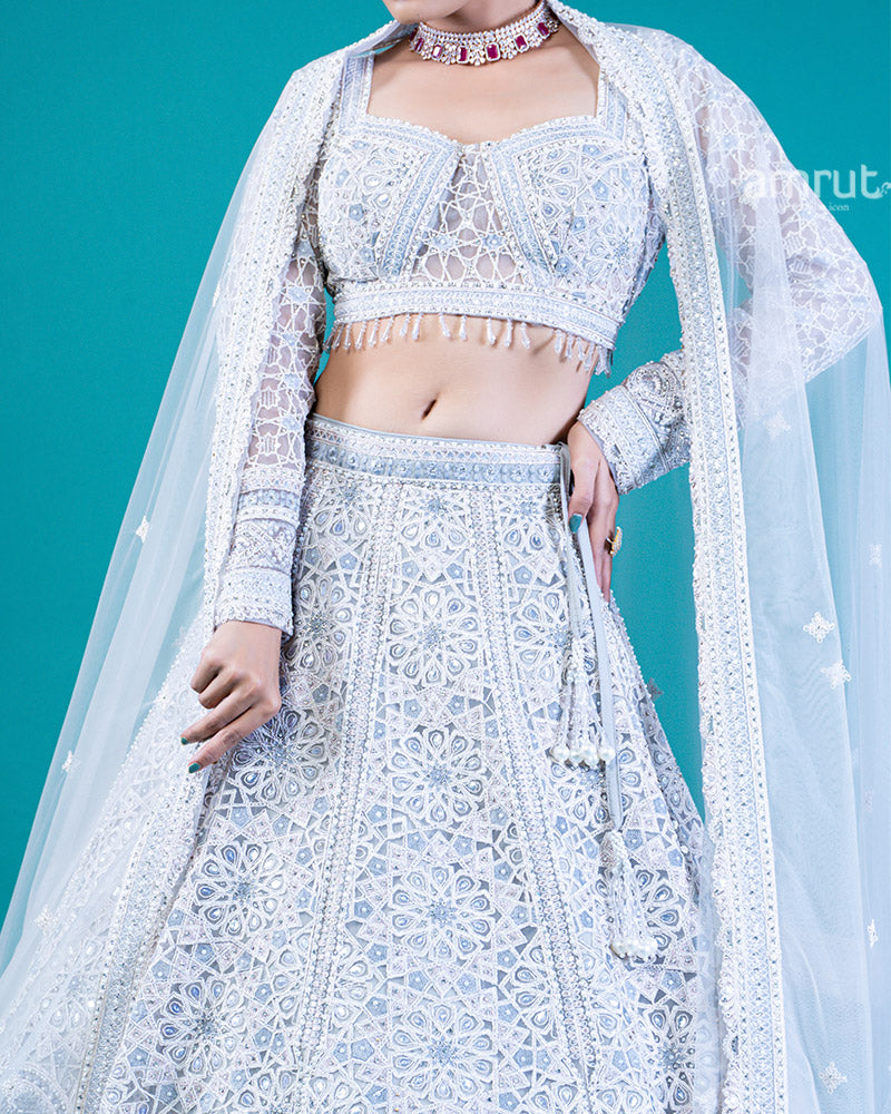 Embroidered Light Gray Lehenga Choli with Square Neckline and Sheer Dupatta