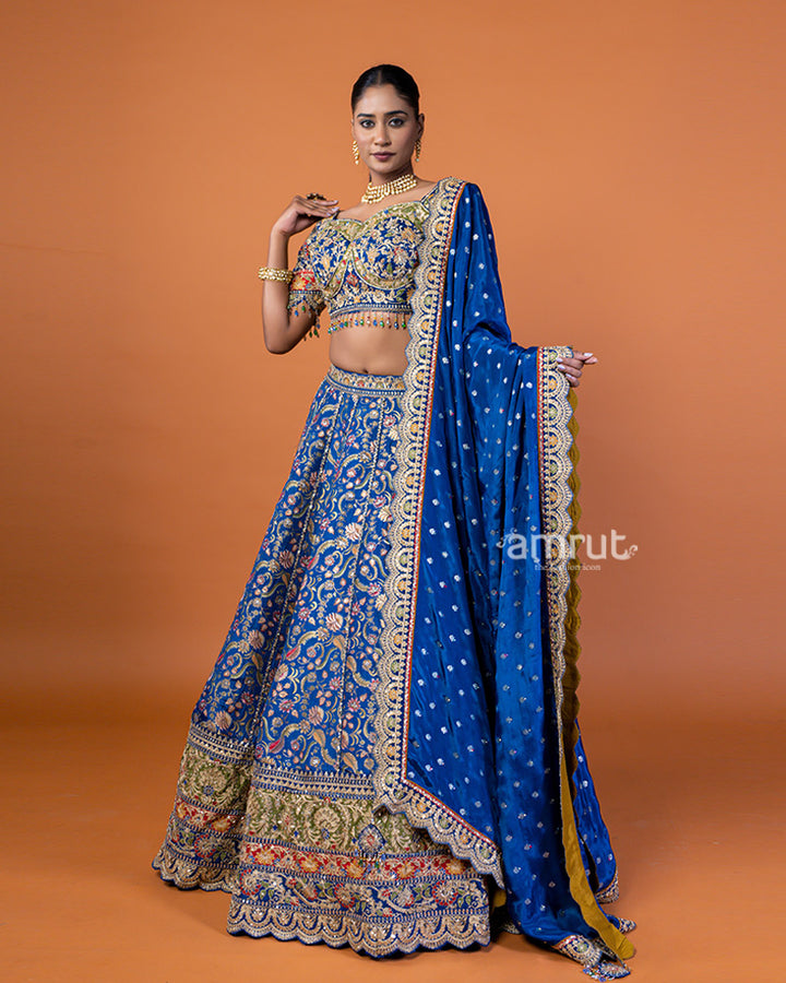 Royal Blue Embroidered Lehenga Choli with Gold Accents and Dupatta