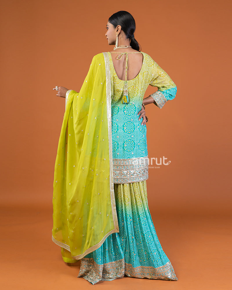 Lime Yellow and Turquoise Blue Ombre Sequins & Bead Detailing Embellished Salwar Kameez