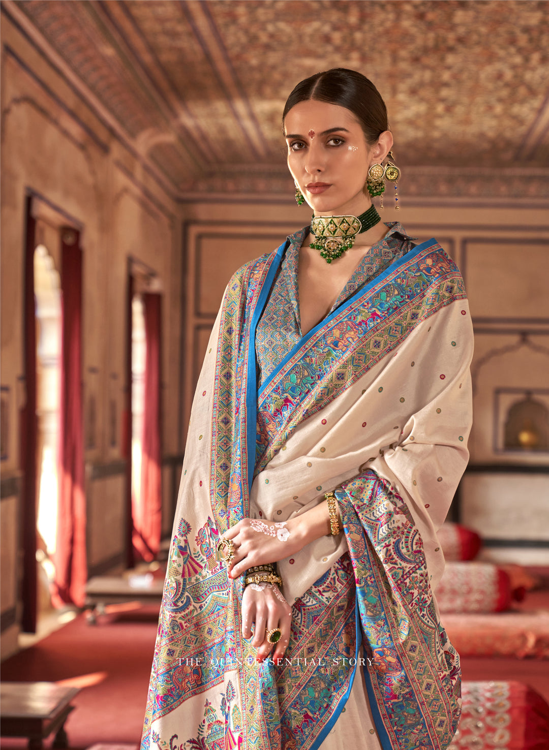 Royal Rajtilak  Pashmina Inspired Heritage Print Cream Saree with Traditional Folk Border