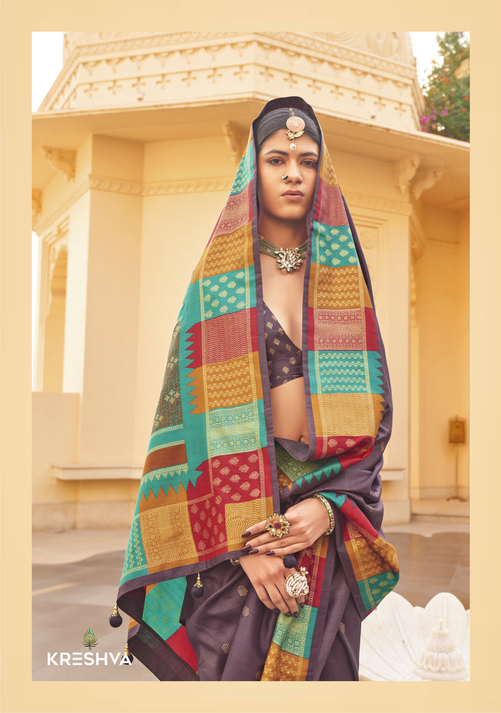 Dusty Purple Designer Silk Saree with Multicolour Contrast Zari Border