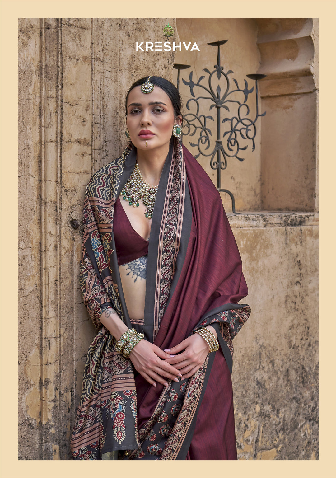 Wine Purple Ajrakh Printed Saree with Heritage Handcrafted Pallu