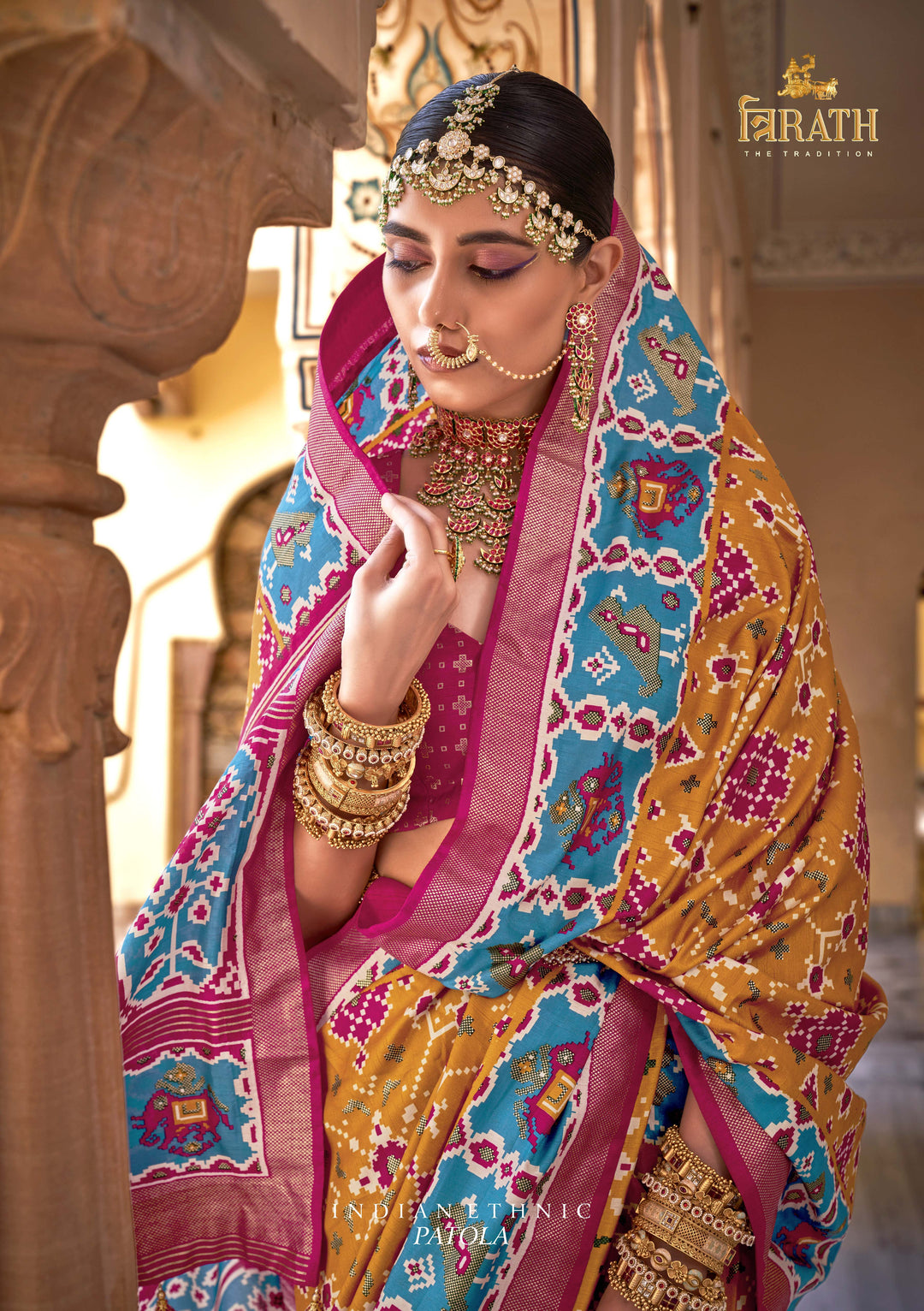 Pink & Orange Patola Silk Saree with Intricate Geometric Weaving, Paired with a Matching Blouse