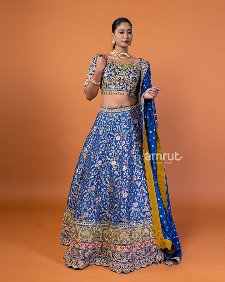 Royal Blue Embroidered Lehenga Choli with Gold Accents and Dupatta