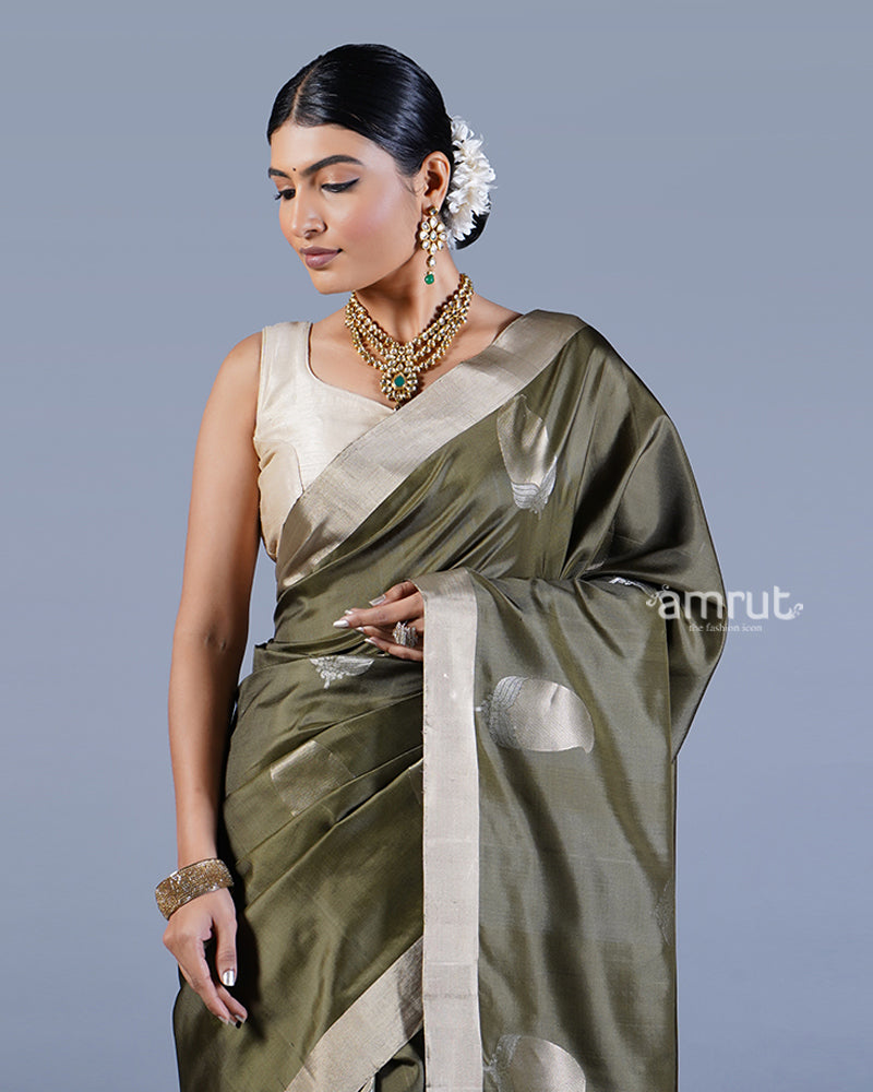 Mehendi Green with Golden Zari Leaf Patterns and Geometric Motifs Saree with unstitched blouse