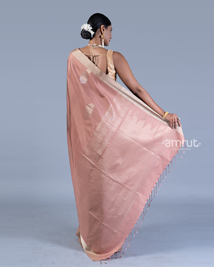 Light Dusty Rose with Cream Border and Gold Zari Motifs Saree with unstitched blouse