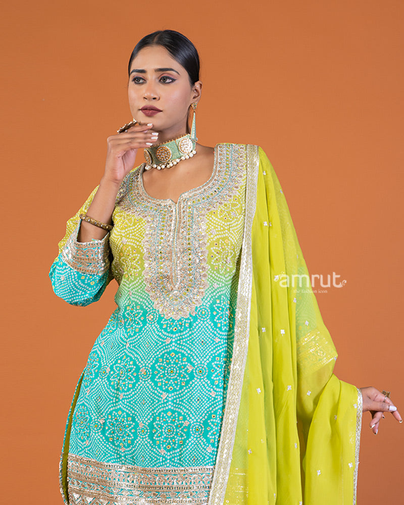 Lime Yellow and Turquoise Blue Ombre Sequins & Bead Detailing Embellished Salwar Kameez